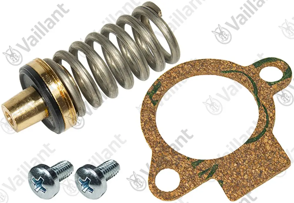 Vaillant Wassermangelventil in separaten Teilen, bestehend aus einem Ventil mit Feder, einer Dichtung sowie zwei Schrauben zur Befestigung.